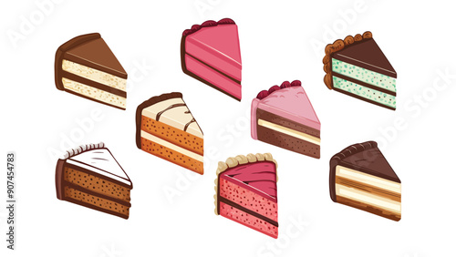 Set of vector cake slices, different flavors, isolated on white background