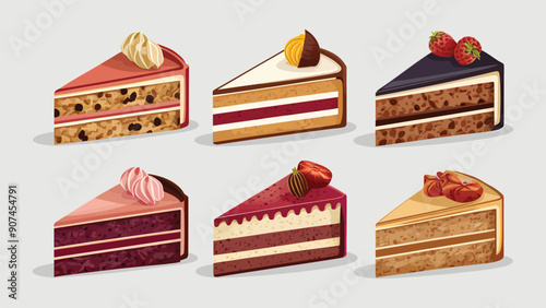 Set of vector cake slices, different flavors, isolated on white background
