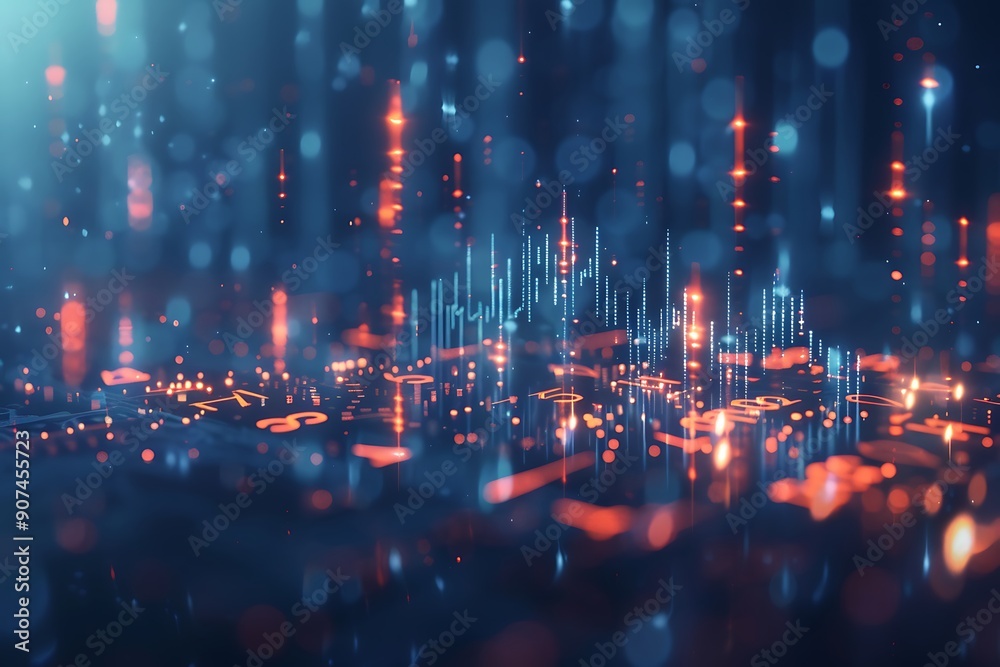 Naklejka premium Market candlestick chart with numbers glowing neon lights, Market candlestick chart with numbers glowing neon lights, 