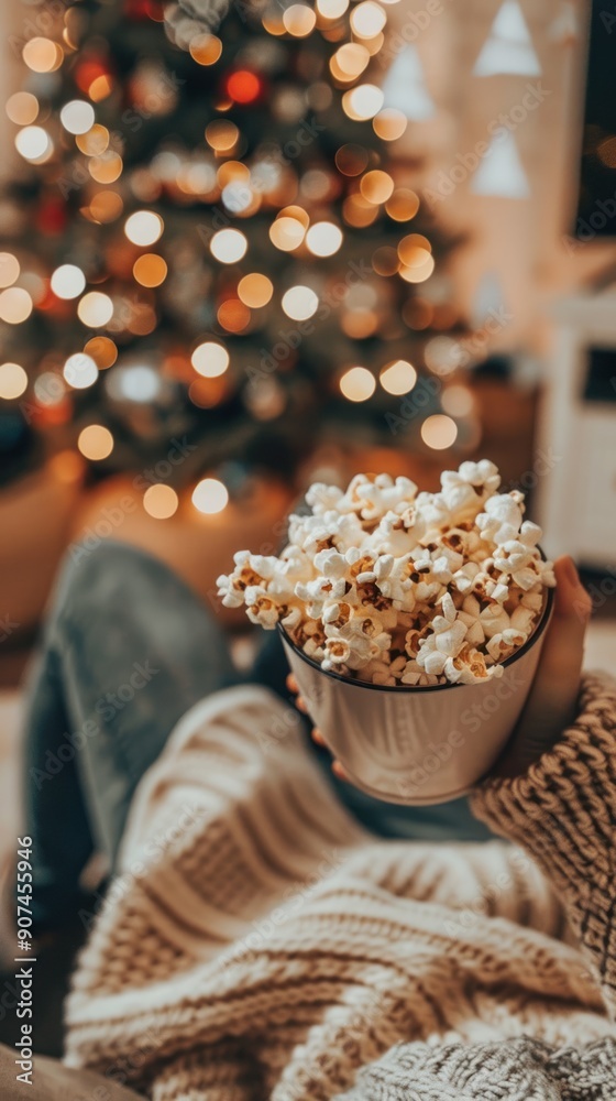 Cozy Winter Evening with Popcorn and Christmas Lights. Cozy Winter Evening with Popcorn and Christmas Lights.