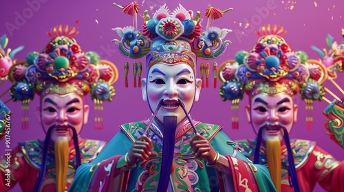 A Chinese opera performance with 3D models of masks and costumes on a bright purple background a moment of drama