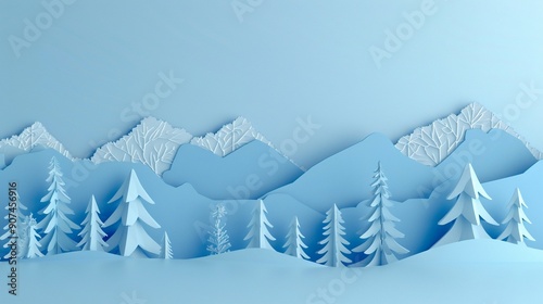 A mountain range with paper cut peaks and trees on a light blue background representing adventure and the great outdoors