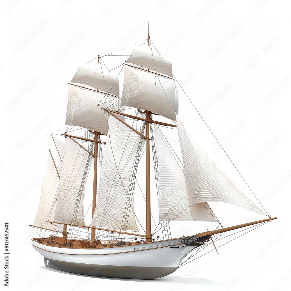 Obraz premium A beautifully crafted model ship with sails, perfect for maritime enthusiasts and home decor.