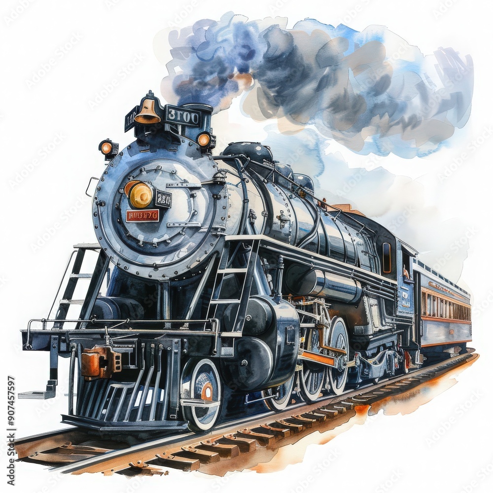 Obraz premium A classic steam locomotive with billowing smoke, showcasing vintage design and historical charm on a scenic railway.