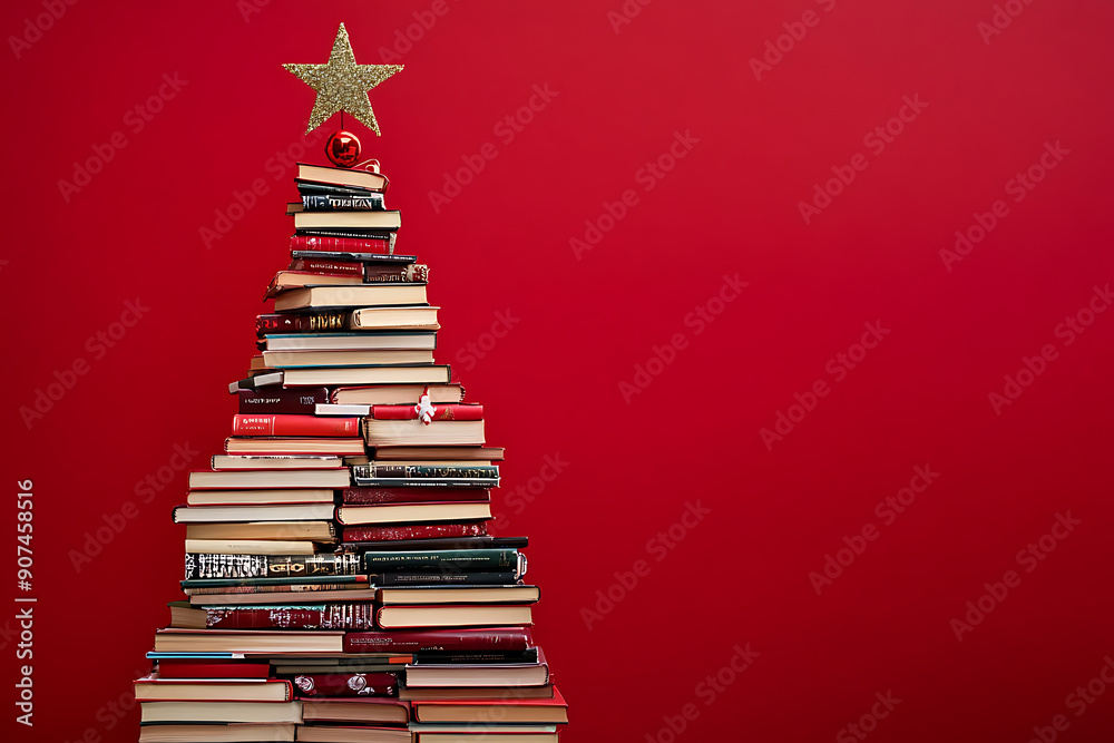 Christmas concept background. Books in the form of a christmas tree with christmas balls and red star over christmas lights and snowflakes Christmas concept background. Books in the form of a christmas tree with christmas balls and red star over christmas lights and snowflakes