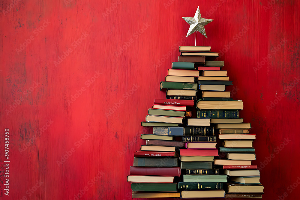 Christmas concept background. Books in the form of a christmas tree with christmas balls and red star over christmas lights and snowflakes Christmas concept background. Books in the form of a christmas tree with christmas balls and red star over christmas lights and snowflakes