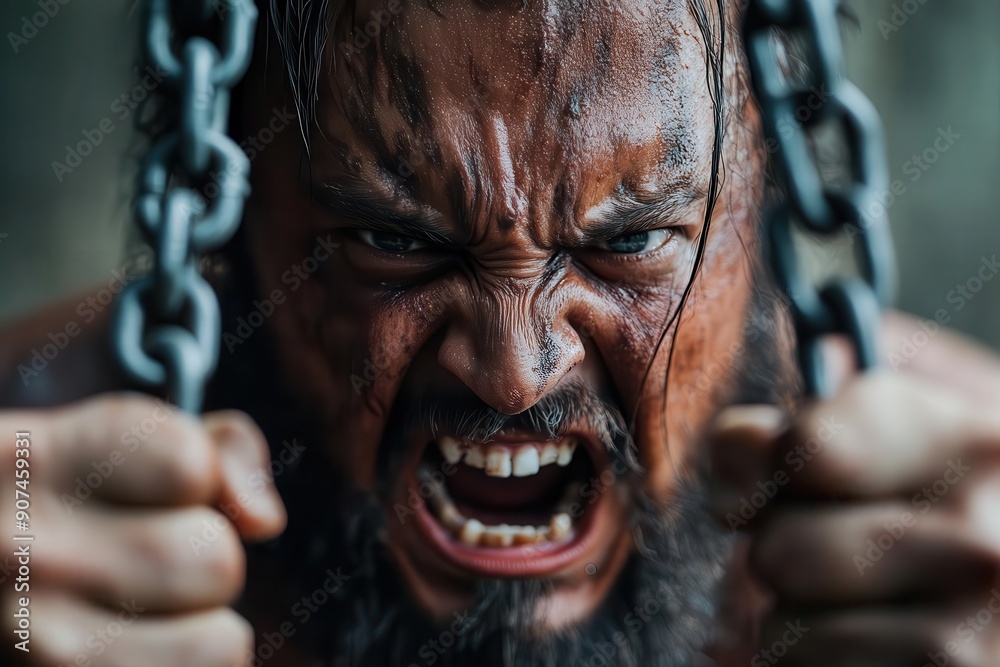 Warrior in chains, fierce expression, battlescarred, Warrior shackled, Strength and resilience Warrior in chains, fierce expression, battlescarred, Warrior shackled, Strength and resilience