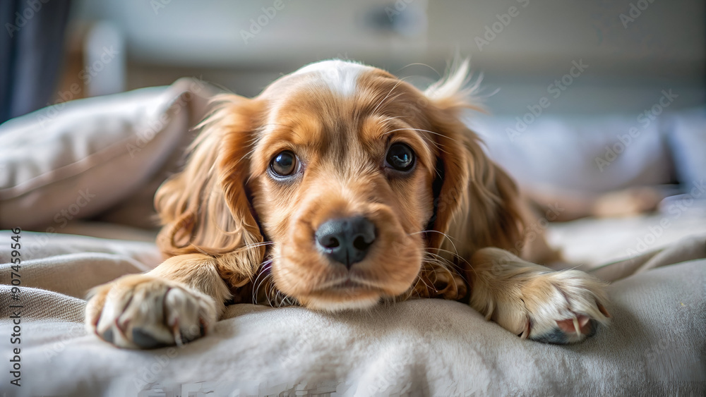 A cocker spaniel puppy lying on his back on the bed indoors A cocker spaniel puppy lying on his back on the bed indoors