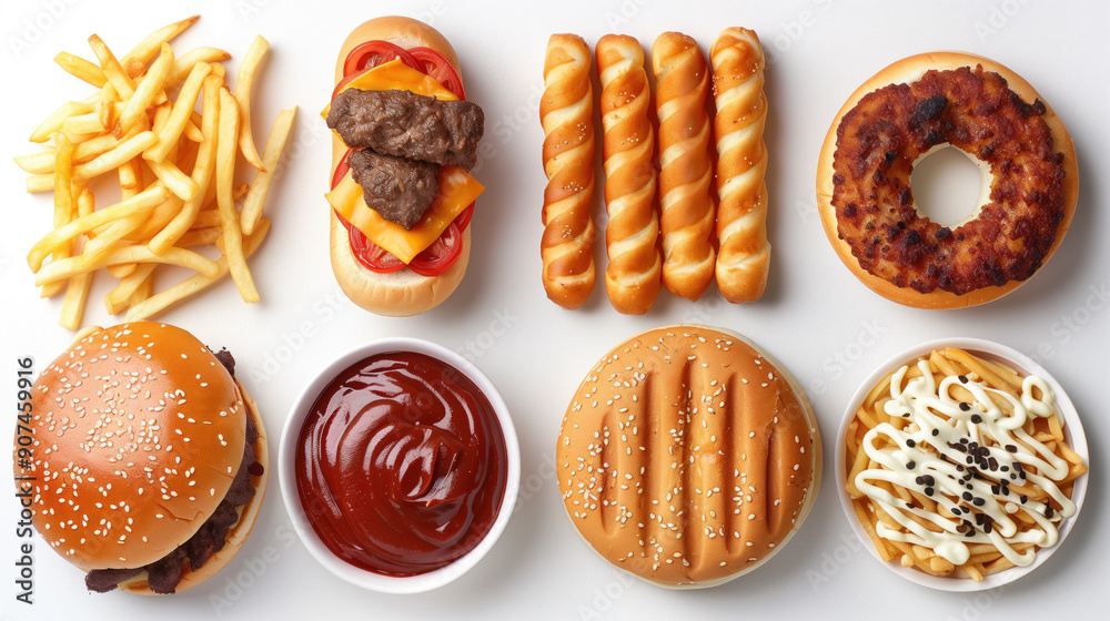 Assorted fast food items on white background Assorted fast food items on white background