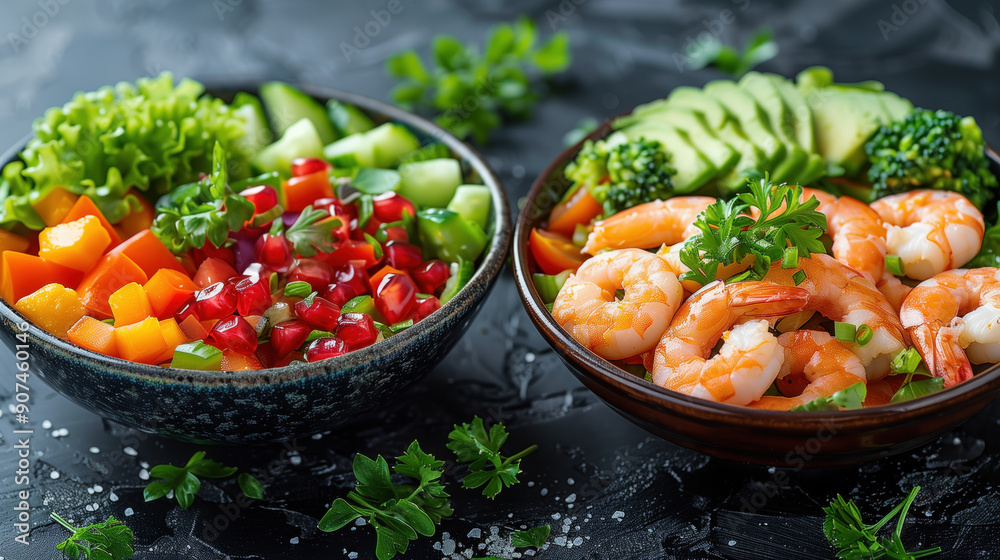 Colorful vegetable and shrimp salads Colorful vegetable and shrimp salads