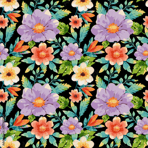 Seamless floral pattern with colorful flowers on black background. Vector illustration.