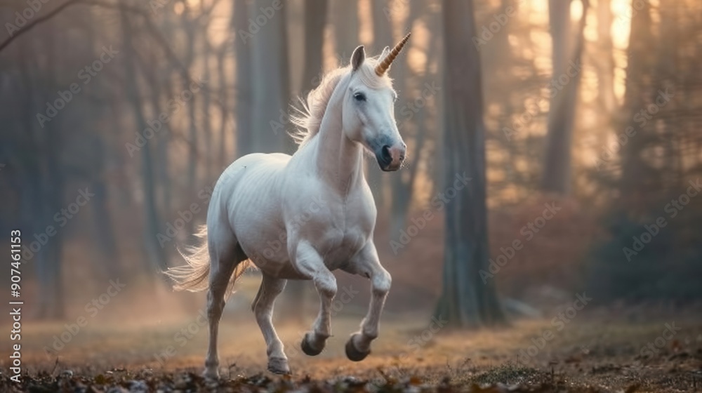 Naklejka premium A graceful unicorn galloping through a misty forest at dawn