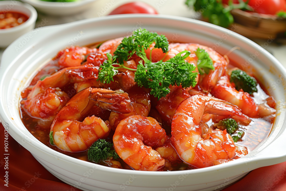 White plate with sweet and sour prawns