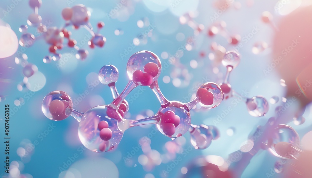 Craft an immersive 3D illustration of a molecule model set against a science background, designed Craft an immersive 3D illustration of a molecule model set against a science background, designed