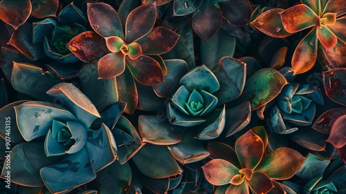 Close-up succulent plants background on dark ambiance  photo