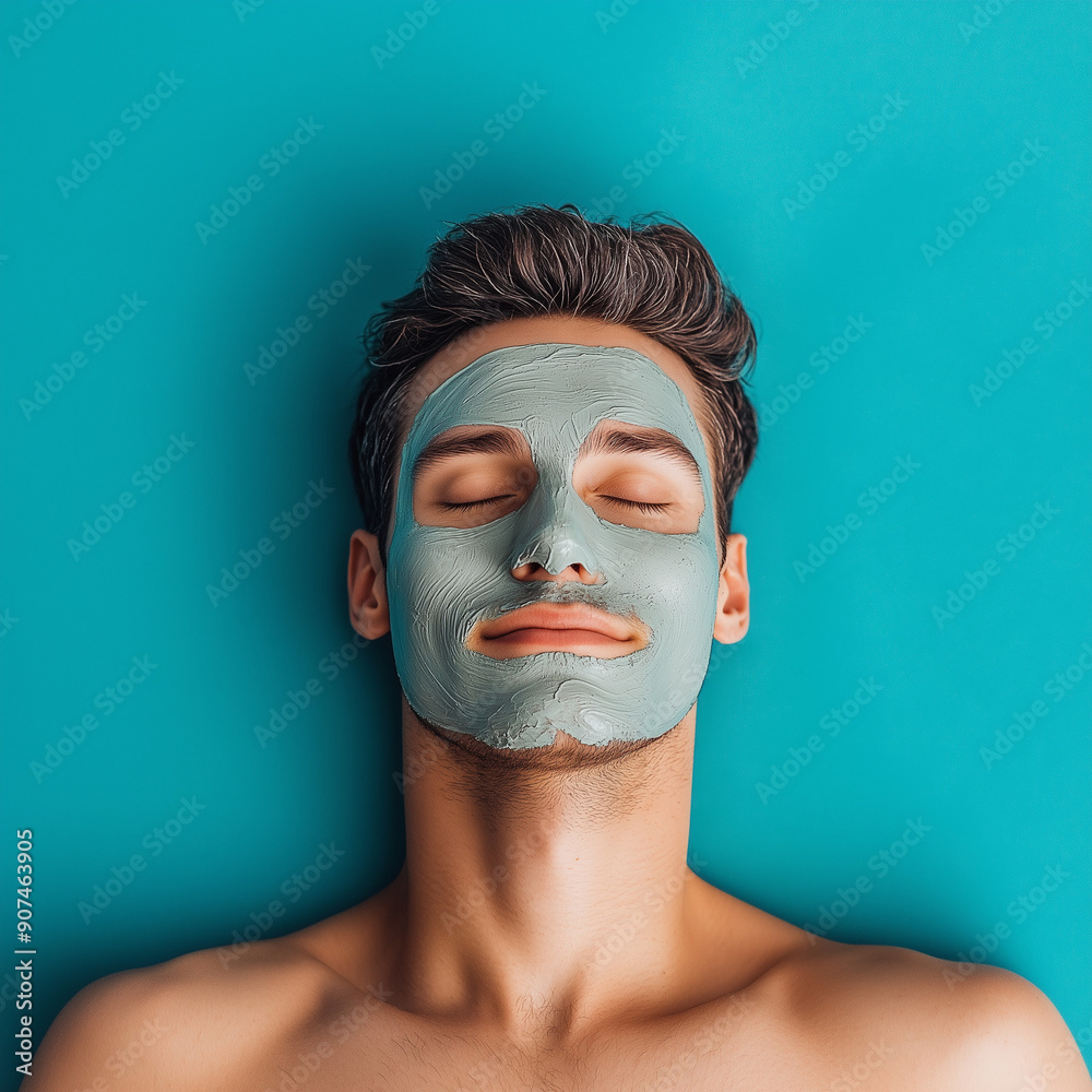 A man with a facial mask relaxing against a teal background A man with a facial mask relaxing against a teal background