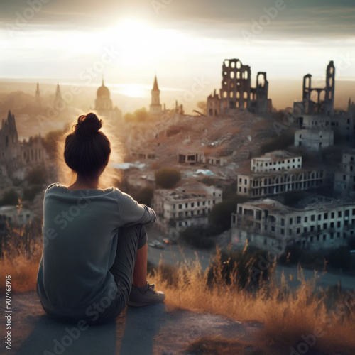 girl looking at  the ruined city photo