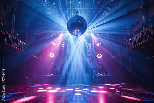 Interior of night club with stage, microphone and disco ball