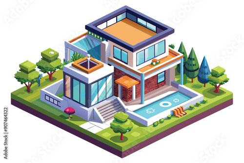 Isometric Illustration of a Modern House with a Swimming Pool and Surrounding Landscaping