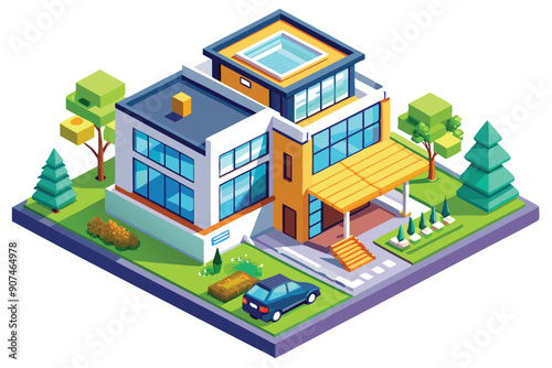 Modern House with Rooftop Pool and Yard in Isometric View
