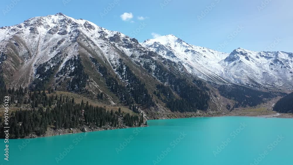 Aerial view of scenery mountain lake in Kazakhstan. Famous Big Almaty lake Aerial view of scenery mountain lake in Kazakhstan. Famous Big Almaty lake