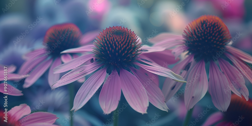 Obraz premium Echinacea (Coneflower) Sturdy, daisy-like flowers with prominent central cones in pink, purple, or white