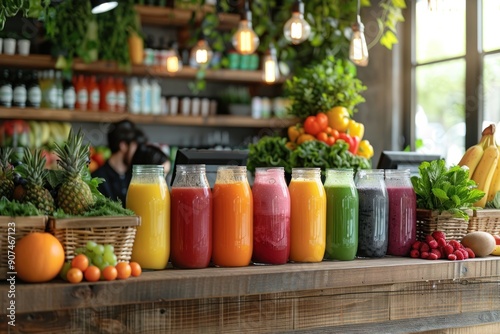 Freshly squeezed juice in glass bottles on wooden counter.