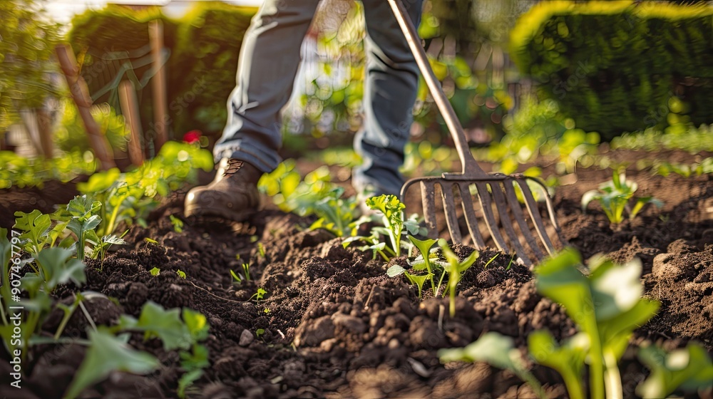 a man using a rake to till soil in preparation for planting in a garden a man using a rake to till soil in preparation for planting in a garden