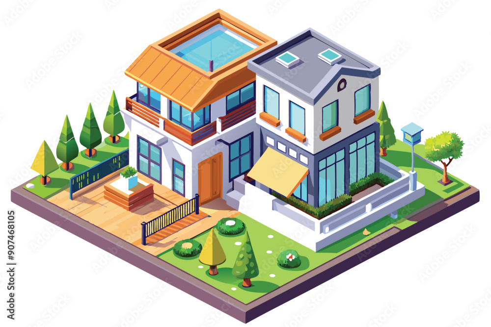 Isometric Illustration of a Modern Two-Story House with a Pool and Landscaping Isometric Illustration of a Modern Two-Story House with a Pool and Landscaping