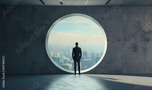 Businessman standing in concrete room with big round window and city view, looking away from camera. Concept of future business idea or vision. futuristic interior design. 