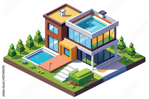Modern Two-Story House with Rooftop and Ground-Level Pools