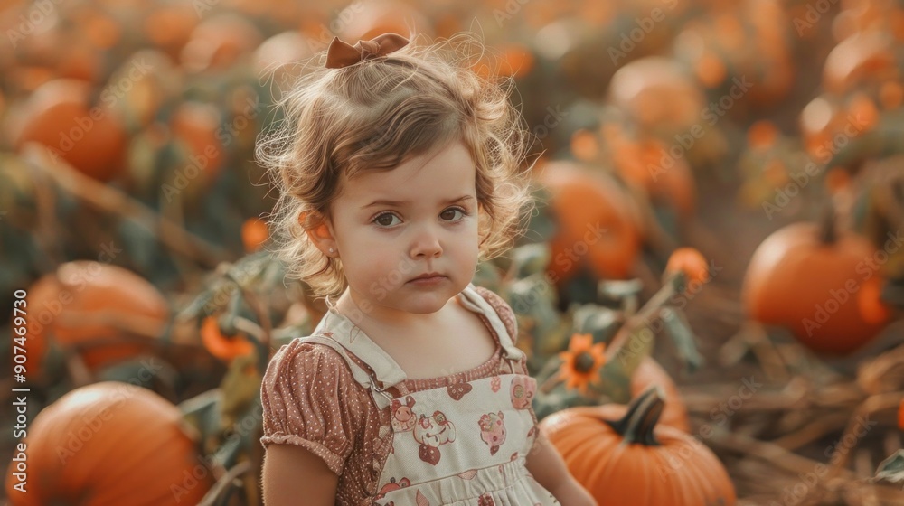 A little girl is standing in a field of pumpkins A little girl is standing in a field of pumpkins