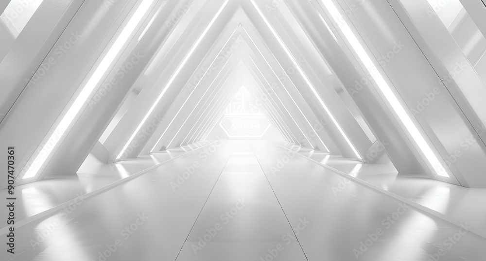white futuristic background with long corridor and glowing lights in the form of triangle on white wall. Abstract sci-fi interior design for presentation, banner or cover. Space station concept white futuristic background with long corridor and glowing lights in the form of triangle on white wall. Abstract sci-fi interior design for presentation, banner or cover. Space station concept