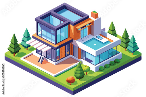 Isometric Illustration of a Modern House with a Swimming Pool and Surrounding Greenery