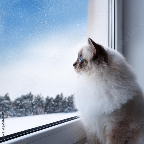 animal concept. Cute ragdoll cat kitty kitten looking out longingly of the window at snow sky