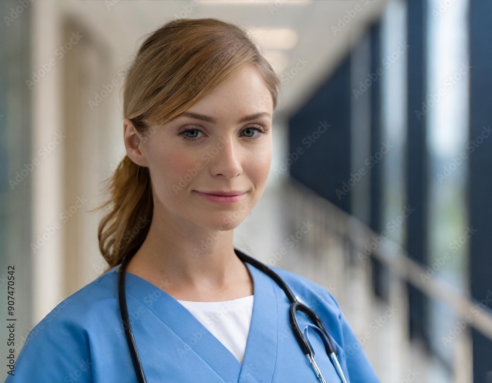 Female nurse woman serious face portrait at hospital hallway Female nurse woman serious face portrait at hospital hallway