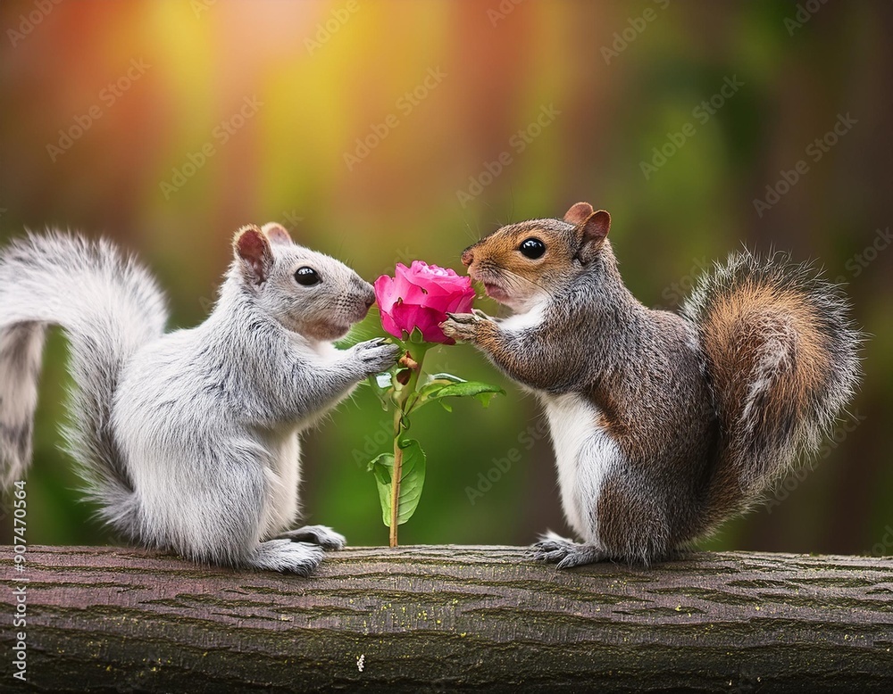 Cute squirrel offering a flower gift to its lover, fun wildlife, love and Valentine's day Cute squirrel offering a flower gift to its lover, fun wildlife, love and Valentine's day