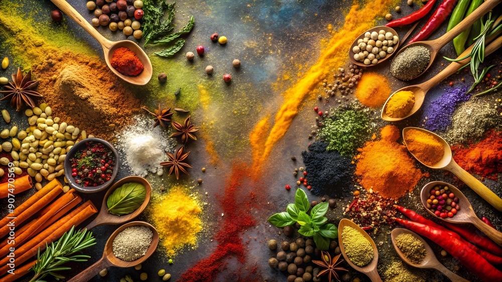 Fototapeta premium Aromatic Symphony: A Whirlwind of Spices and Herbs Generative AI