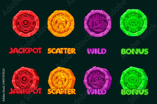 Vector design of symbols of ancient Aztec Civilization, colored hieroglyphs of the Maya calendar. Jackpot, Bonus, Wild and Scatter icons for your slots