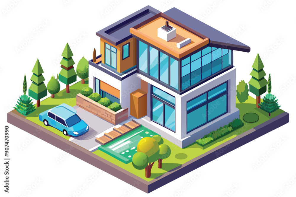 Modern house with a car, a pool, and lush green landscaping Modern house with a car, a pool, and lush green landscaping