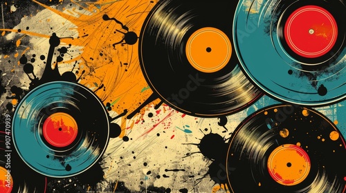 Nostalgic vinyl records background with musical notes overlay