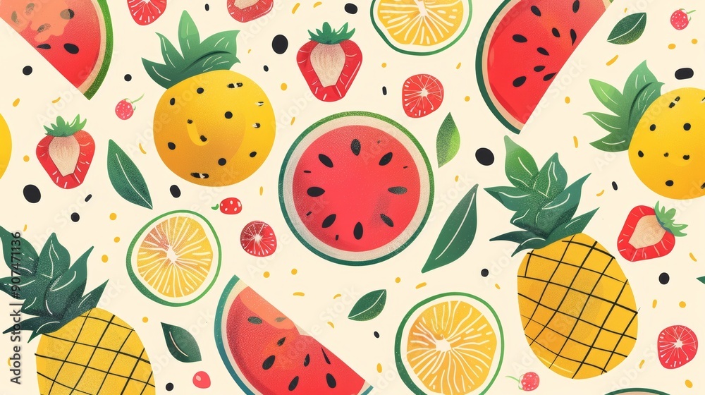 Vibrant fruit vector seamless pattern with apple, orange, lemon, watermelon, strawberry, pineapple, kiwi, banana, pear, papaya icons Vibrant fruit vector seamless pattern with apple, orange, lemon, watermelon, strawberry, pineapple, kiwi, banana, pear, papaya icons