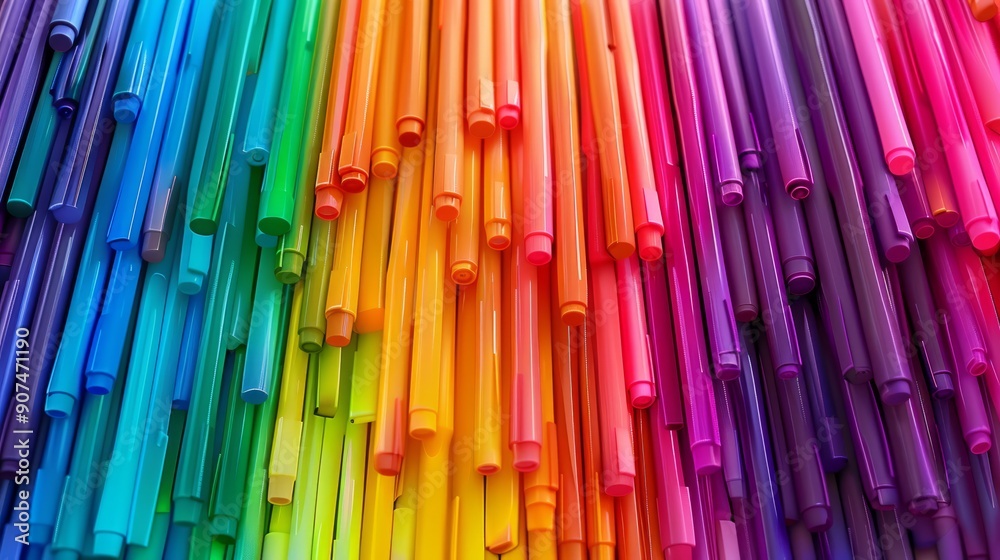 3d A set of colorful felt-tip pens arranged in a rainbow pattern on an artist's canvas 3d A set of colorful felt-tip pens arranged in a rainbow pattern on an artist's canvas
