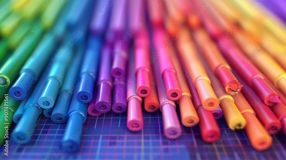3d A set of colorful felt-tip pens arranged in a rainbow pattern on an artist's canvas 3d A set of colorful felt-tip pens arranged in a rainbow pattern on an artist's canvas