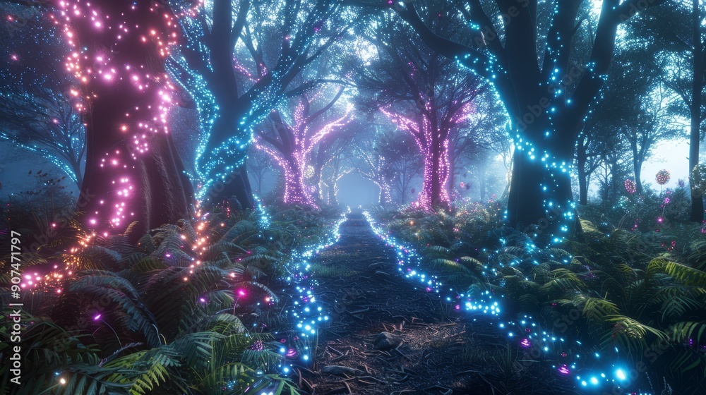 Purple galaxy explodes with bright stars, a fiery Christmas tree ignites the night sky for a magical New Year celebration