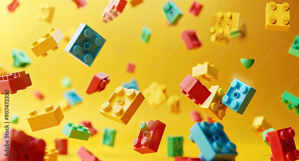 A colorful of bricks floating in the air, creating abstract and playful composition on yellow background create visual depth evoking fun, creative feelings. children's toys and building blocks. A colorful of bricks floating in the air, creating abstract and playful composition on yellow background create visual depth evoking fun, creative feelings. children's toys and building blocks.