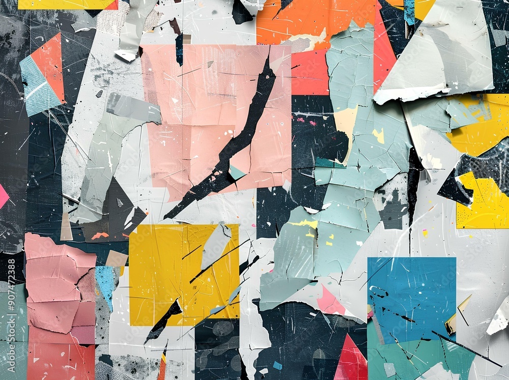 Fototapeta premium Abstract collage of torn paper and painted textures, design elements and the gritty feel of city streets, street art or urban graffiti, evoke feelings like creativity, curiosity, nostalgia, mystery.