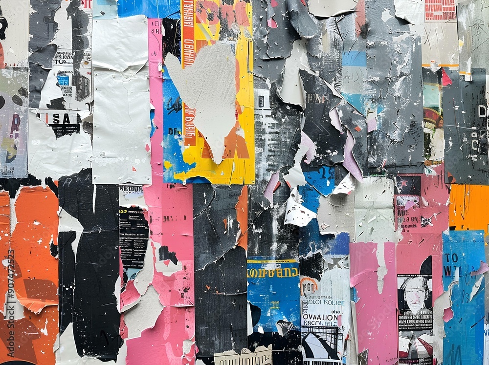 Naklejka premium Abstract collage of torn paper and painted textures, design elements and the gritty feel of city streets, street art or urban graffiti, evoke feelings like creativity, curiosity, nostalgia, mystery.