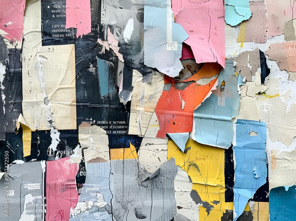 Fototapeta premium Abstract collage of torn paper and painted textures, design elements and the gritty feel of city streets, street art or urban graffiti, evoke feelings like creativity, curiosity, nostalgia, mystery.