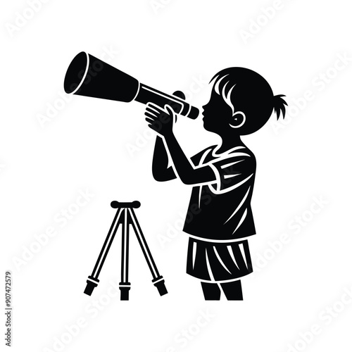 silhouette looking child sitting pose through binoculars and telescopes
